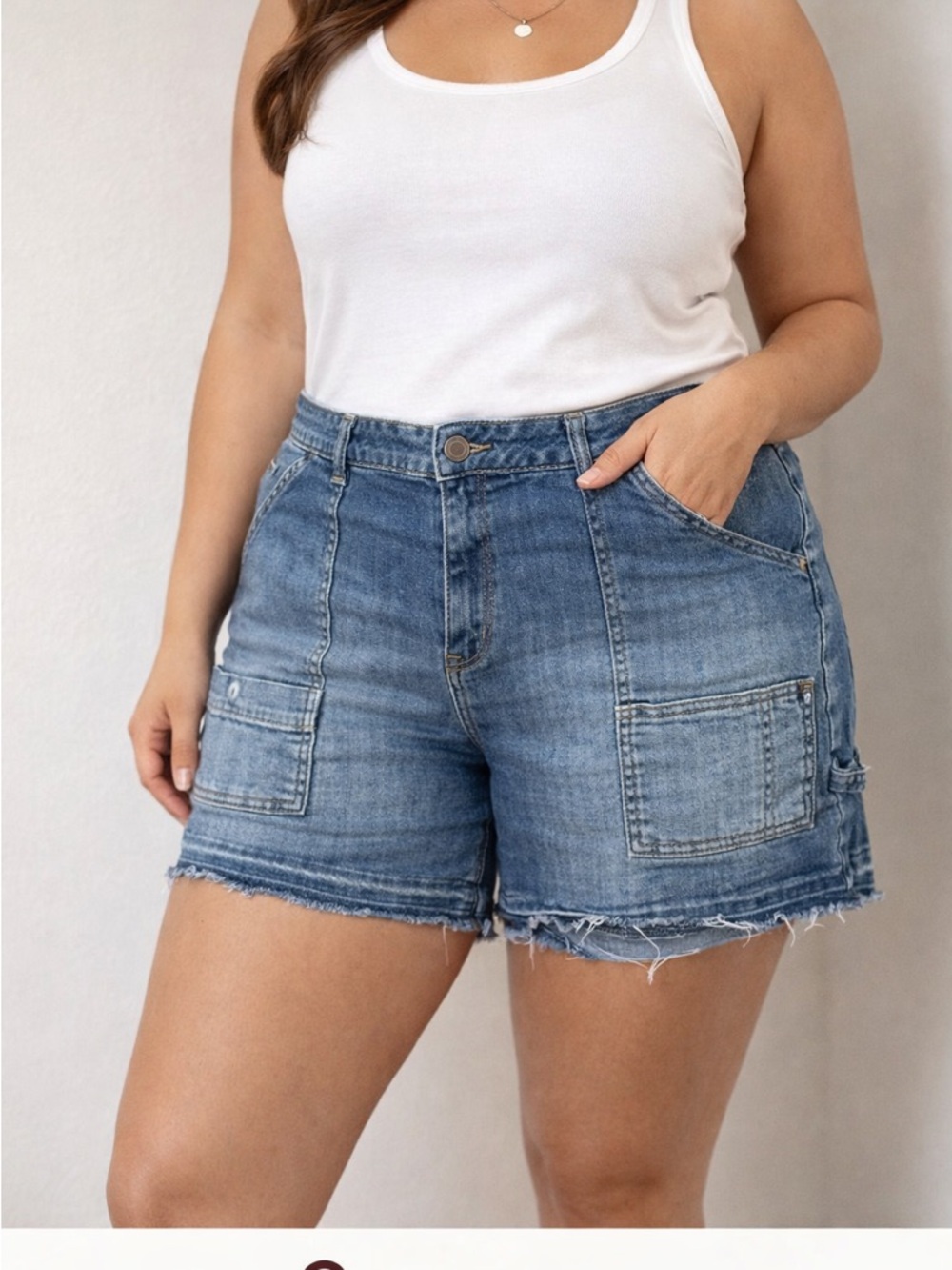 Lane Bryant Medium Blue Denim Patch-Pocket Frayed-Hem Shorts